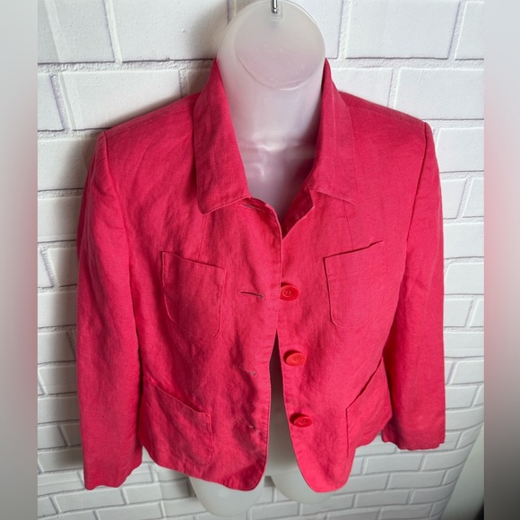 TALBOTS Coral Red Cropped linen Blazer with Classic Lapel/size 2P - Picture 7 of 12